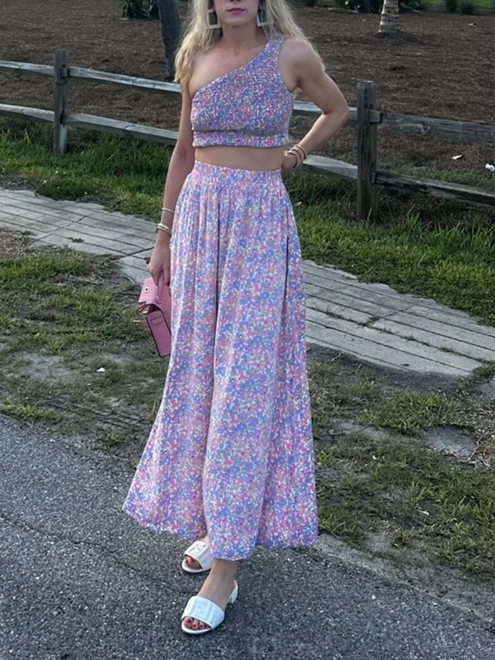 Floral Two-Piece Crop Top & Maxi Skirt Set in Pastel Pink